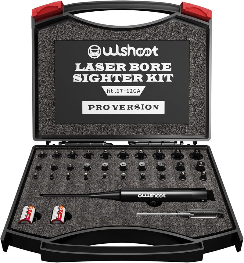 OWLSHOOT Professional Laser Bore Sight Kit Multiple Caliber,Upgraded Green Bore Sighter with 30 Adapters Button Switch Perfectly Choice for.17 to 12GA Rifles Pistols, Provides Powerful Support for Hunting. - Image 1